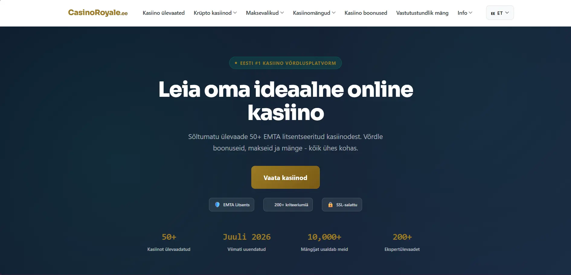CasinoRoyale.ee desktop CasinoRoyale.ee desktop view showing the casino comparison homepage